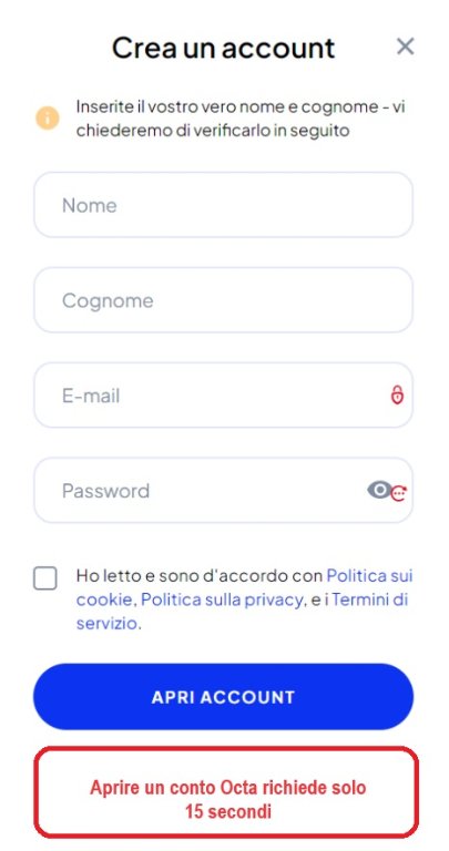 Apertura di un conto Octa Apertura di un conto Octa